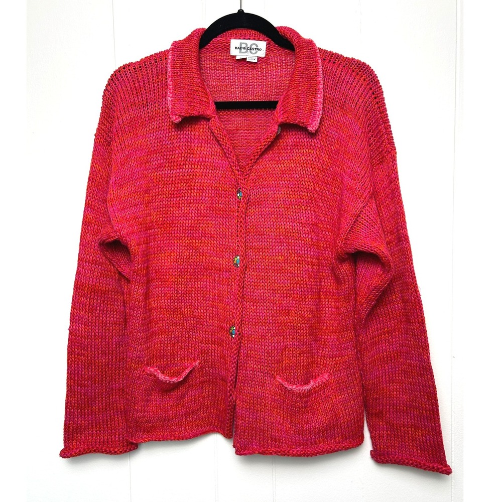 Vintage Bae & Castro Knit Cardigan Sweater Sz M Pink Red Colorful buttons hippie